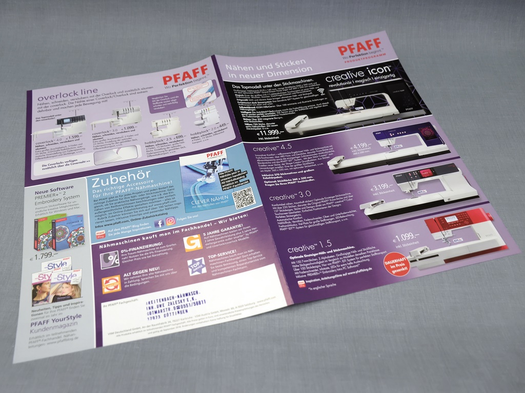 PFAFF-Infoblatt (außen) zum kostenlosen mitnehmen Nähmaschinen Breitenbach Göttingen